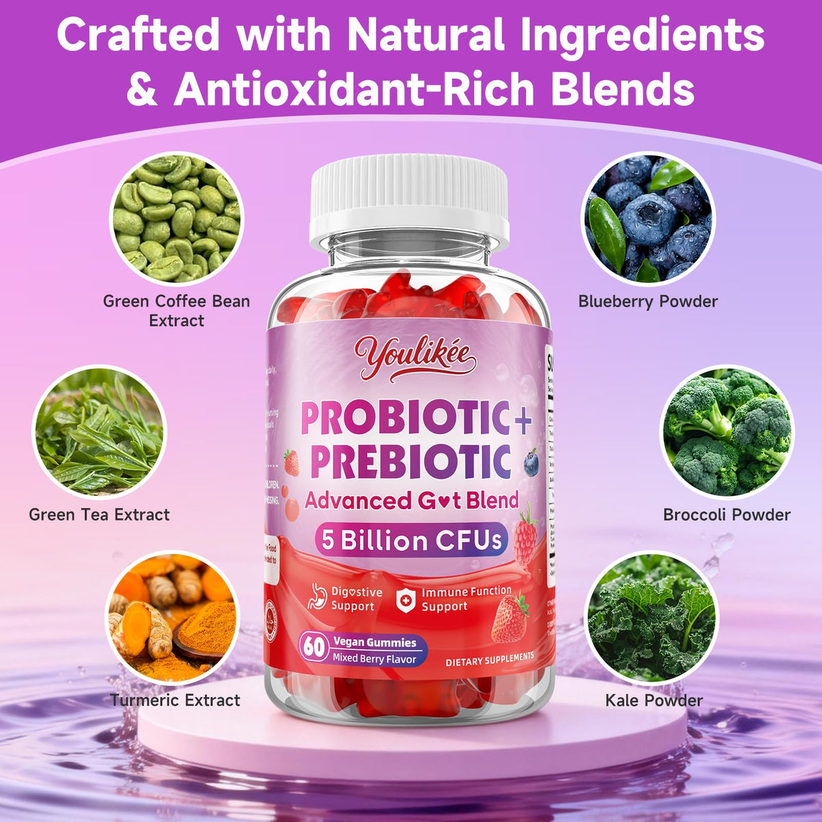 Youlikee 2 Pack Prebiotic + Probiotic Gummies for Women and Men, Probiotic Gummies Supports Gut Health, 5 Billion CFUs with Fibers, - PrimeBioHealth - canada supplements