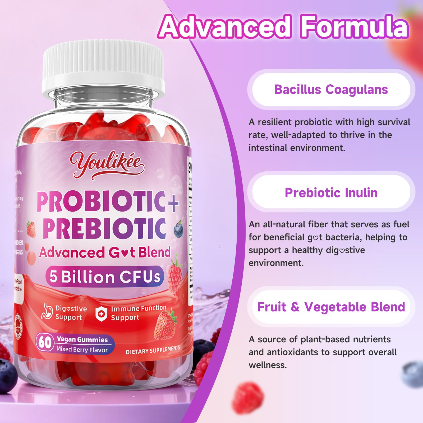 Youlikee 2 Pack Prebiotic + Probiotic Gummies for Women and Men, Probiotic Gummies Supports Gut Health, 5 Billion CFUs with Fibers, - PrimeBioHealth - canada supplements