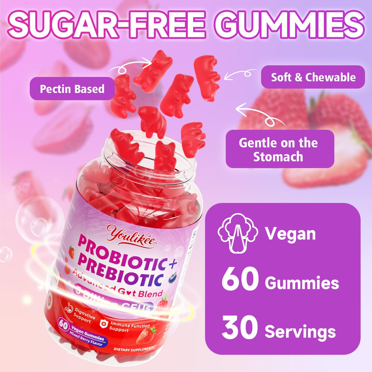 Youlikee 2 Pack Prebiotic + Probiotic Gummies for Women and Men, Probiotic Gummies Supports Gut Health, 5 Billion CFUs with Fibers, - PrimeBioHealth - canada supplements
