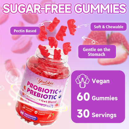 Youlikee 2 Pack Prebiotic + Probiotic Gummies for Women and Men, Probiotic Gummies Supports Gut Health, 5 Billion CFUs with Fibers, - PrimeBioHealth - canada supplements