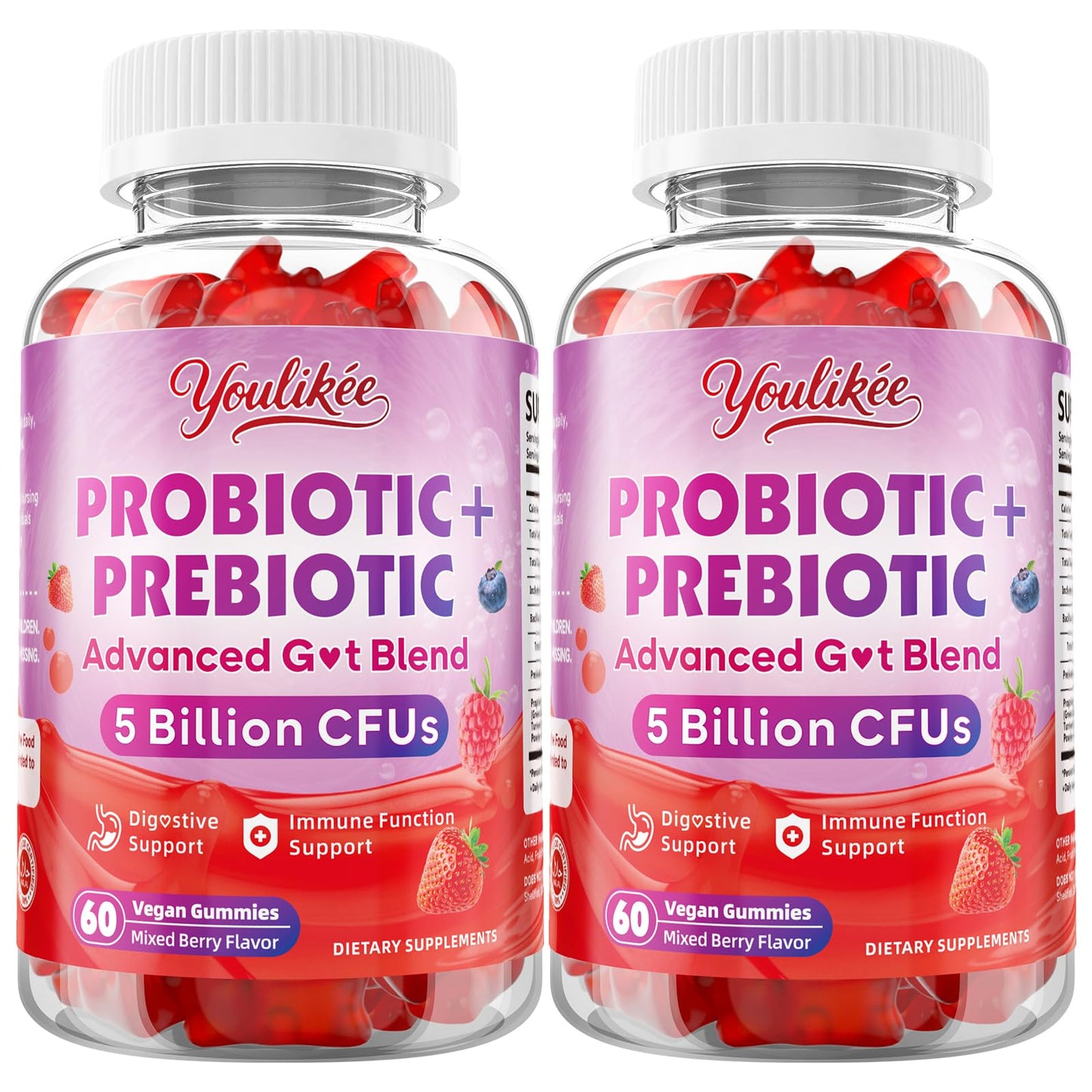 Youlikee 2 Pack Prebiotic + Probiotic Gummies for Women and Men, Probiotic Gummies Supports Gut Health, 5 Billion CFUs with Fibers, - PrimeBioHealth - canada supplements