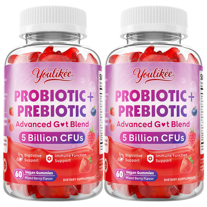 Youlikee 2 Pack Prebiotic + Probiotic Gummies for Women and Men, Probiotic Gummies Supports Gut Health, 5 Billion CFUs with Fibers, - PrimeBioHealth - canada supplements