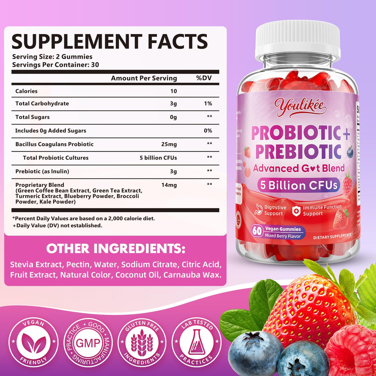 Youlikee 2 Pack Prebiotic + Probiotic Gummies for Women and Men, Probiotic Gummies Supports Gut Health, 5 Billion CFUs with Fibers, - PrimeBioHealth - canada supplements
