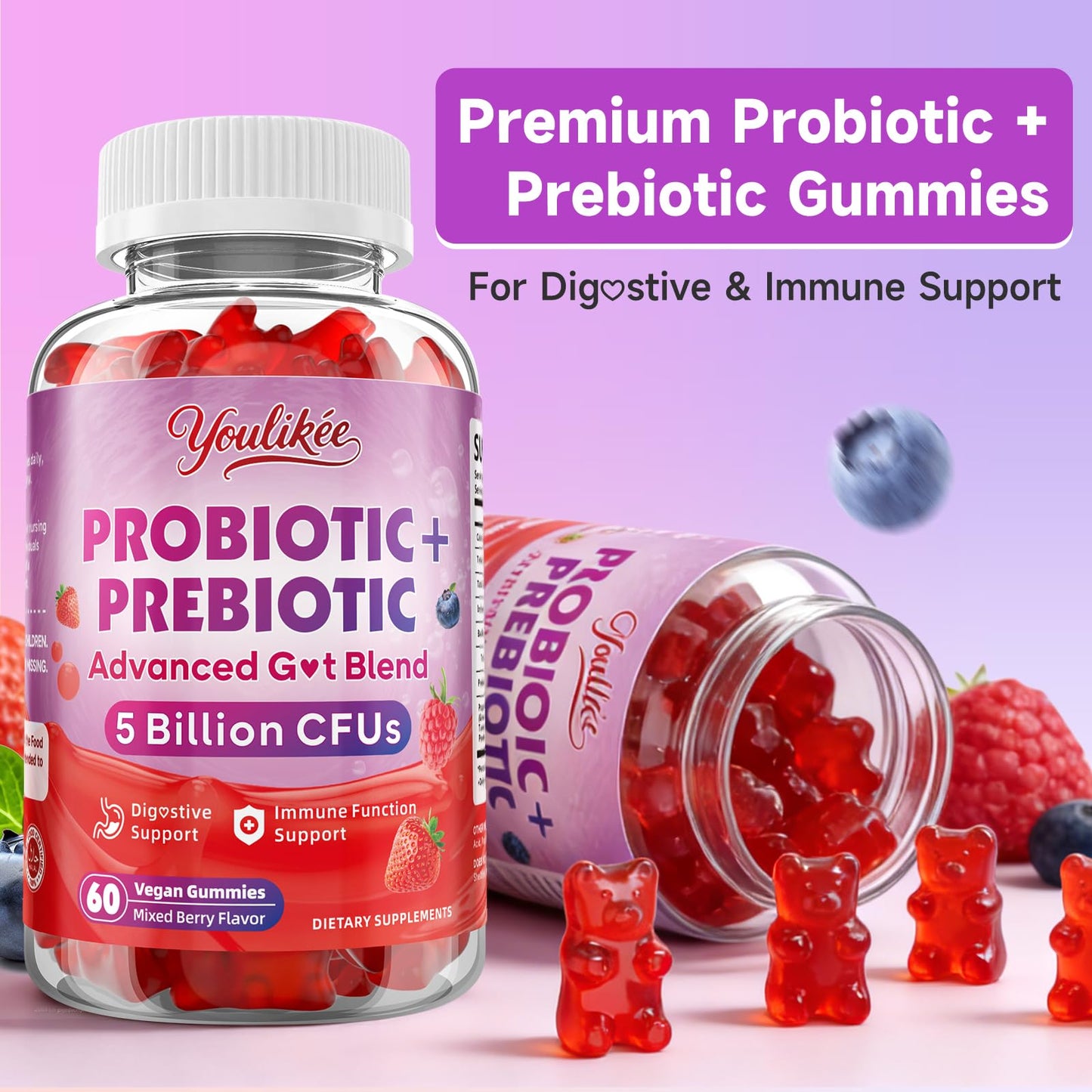 Youlikee 2 Pack Prebiotic + Probiotic Gummies for Women and Men, Probiotic Gummies Supports Gut Health, 5 Billion CFUs with Fibers, - PrimeBioHealth - canada supplements