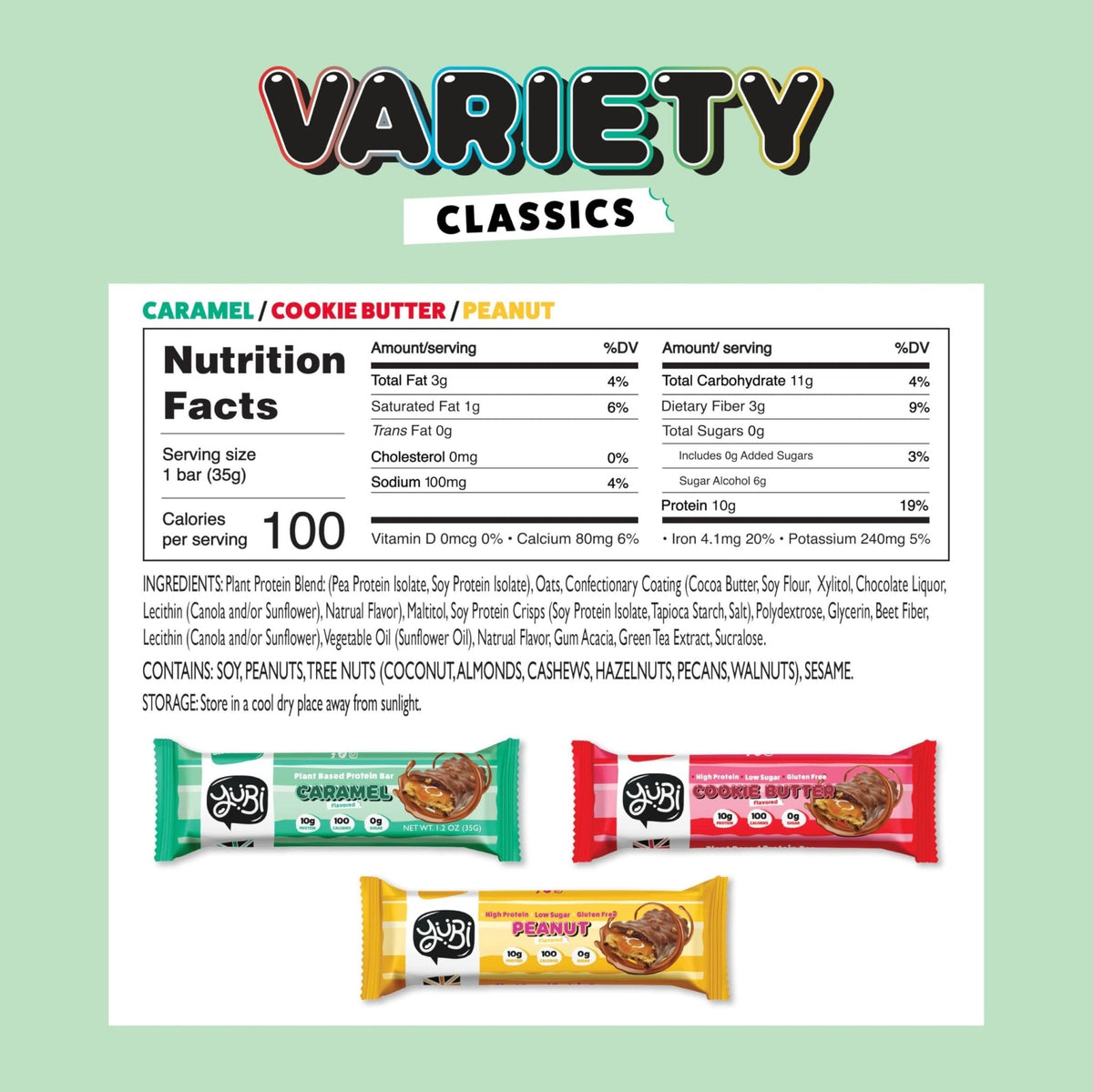 YuBi Bars - Protein Bars - 12 Bar Variety Pack - 100 Calories, 10g of Protein, Low Sugar, Low Carb, Palm Oil Free/Non-GMO, Gluten Free, Dairy Free, Healthy Snack, Non-GMO - 14.8oz (12 Pack, Variety Box) - PrimeBioHealth - canada supplements