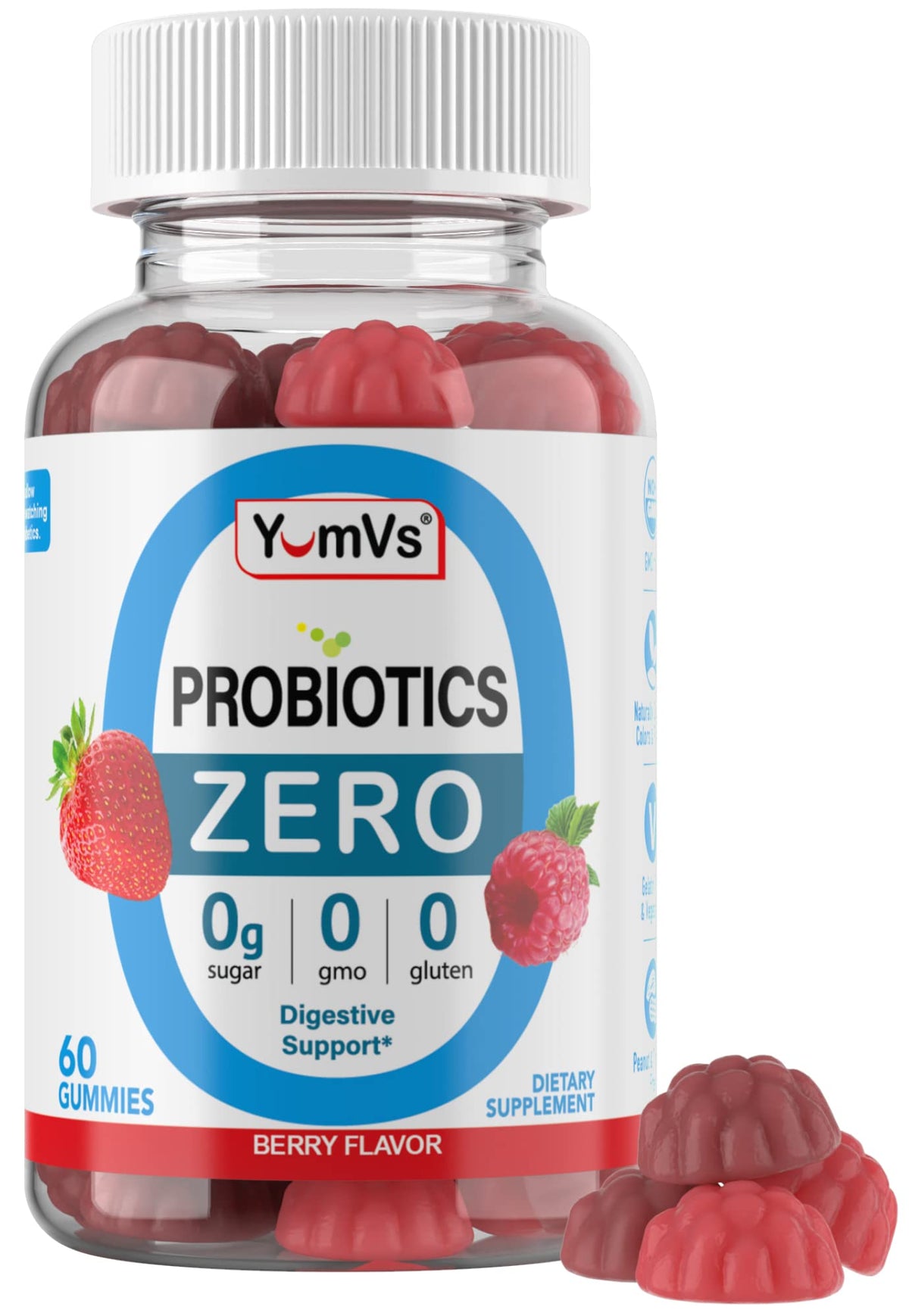 YUM-V'S Sugar Free Probiotic Gummies - Probiotics for Men & Women to Help Support Digestive Function – Adults & Kids Probiotic with 5 Billion CFU Bacillus Coagulans – Vegan & Gluten-Free (60 Count) - PrimeBioHealth - canada supplements