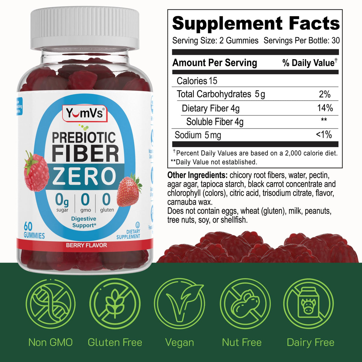 YumVs Sugar Free Prebiotic Fiber Gummies for Adults and Kids - Berry Flavor - Kosher Halal 4g High Fiber Supplement for Women and Men - PrimeBioHealth - canada supplements