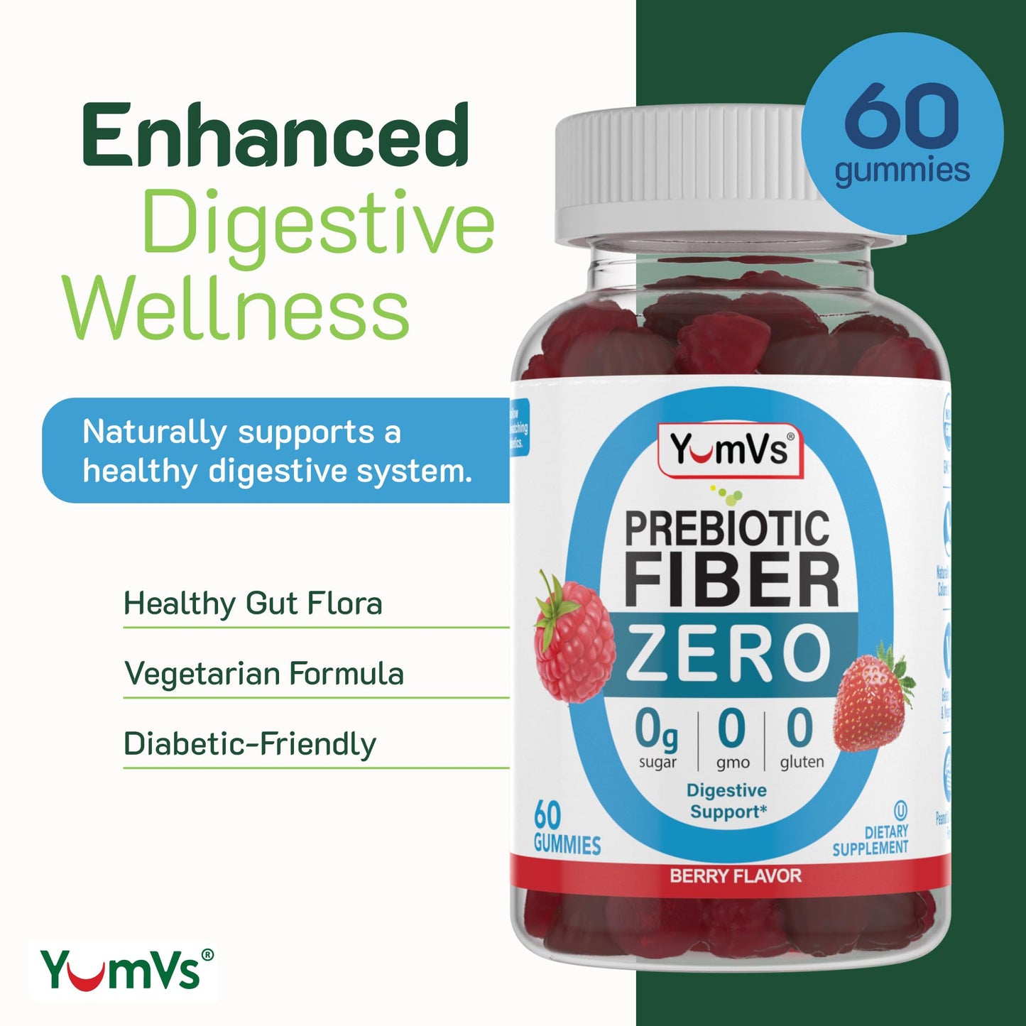 YumVs Sugar Free Prebiotic Fiber Gummies for Adults and Kids - Berry Flavor - Kosher Halal 4g High Fiber Supplement for Women and Men - PrimeBioHealth - canada supplements