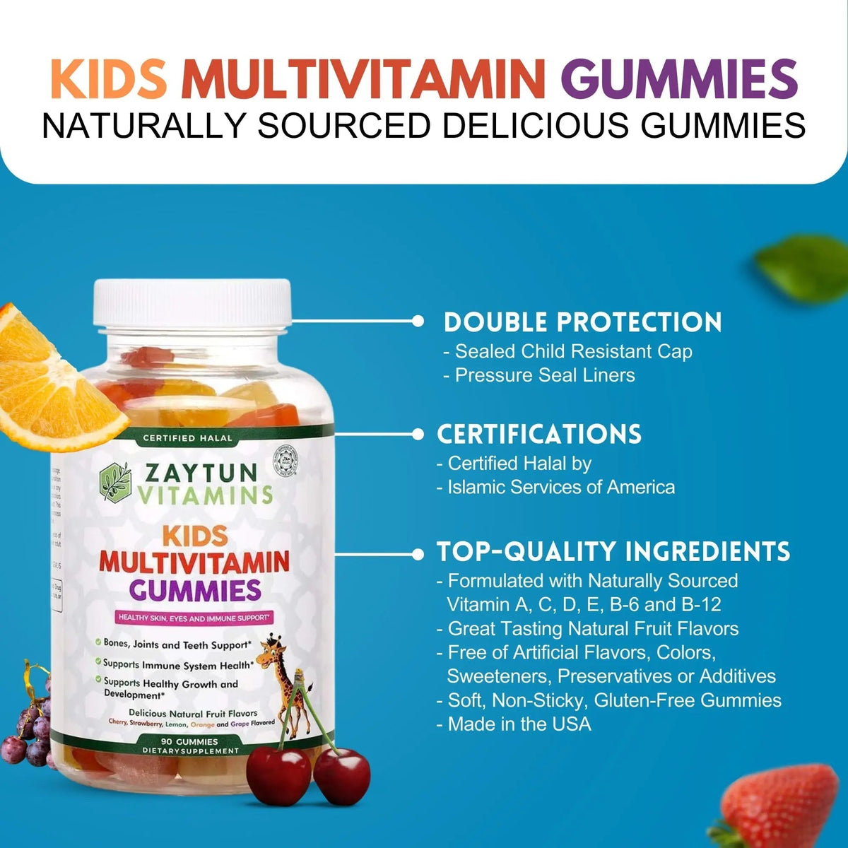 Zaytun Halal Vitamins for Kids Multivitamin Gummies, Naturally Sourced Vitamin A, C, D, E, B6, B12, Biotin - Vegetarian, No Gelatin - PrimeBioHealth - canada supplements