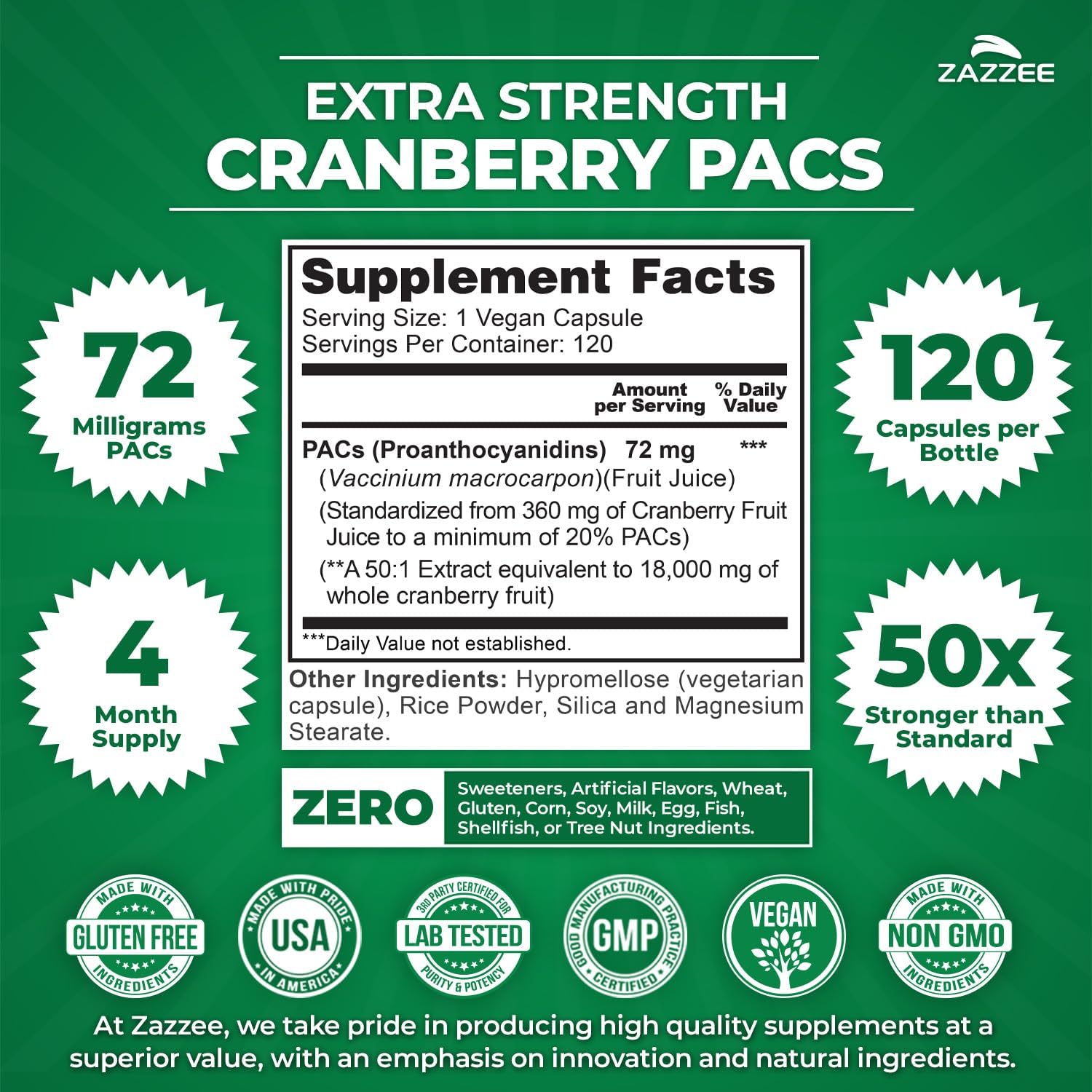 Zazzee Cranberry PACs 72 mg per Capsule, 50:1 Extract, 120 Vegan Capsules, 2X Strength, 4 Month Supply, Fast-Acting, Effective Urinary Tract & Bladder Support, 100% Soluble PACs, Made in the USA - PrimeBioHealth - canada supplements