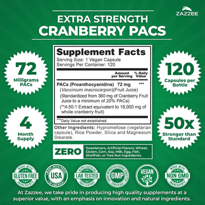 Zazzee Cranberry PACs 72 mg per Capsule, 50:1 Extract, 120 Vegan Capsules, 2X Strength, 4 Month Supply, Fast-Acting, Effective Urinary Tract & Bladder Support, 100% Soluble PACs, Made in the USA - PrimeBioHealth - canada supplements