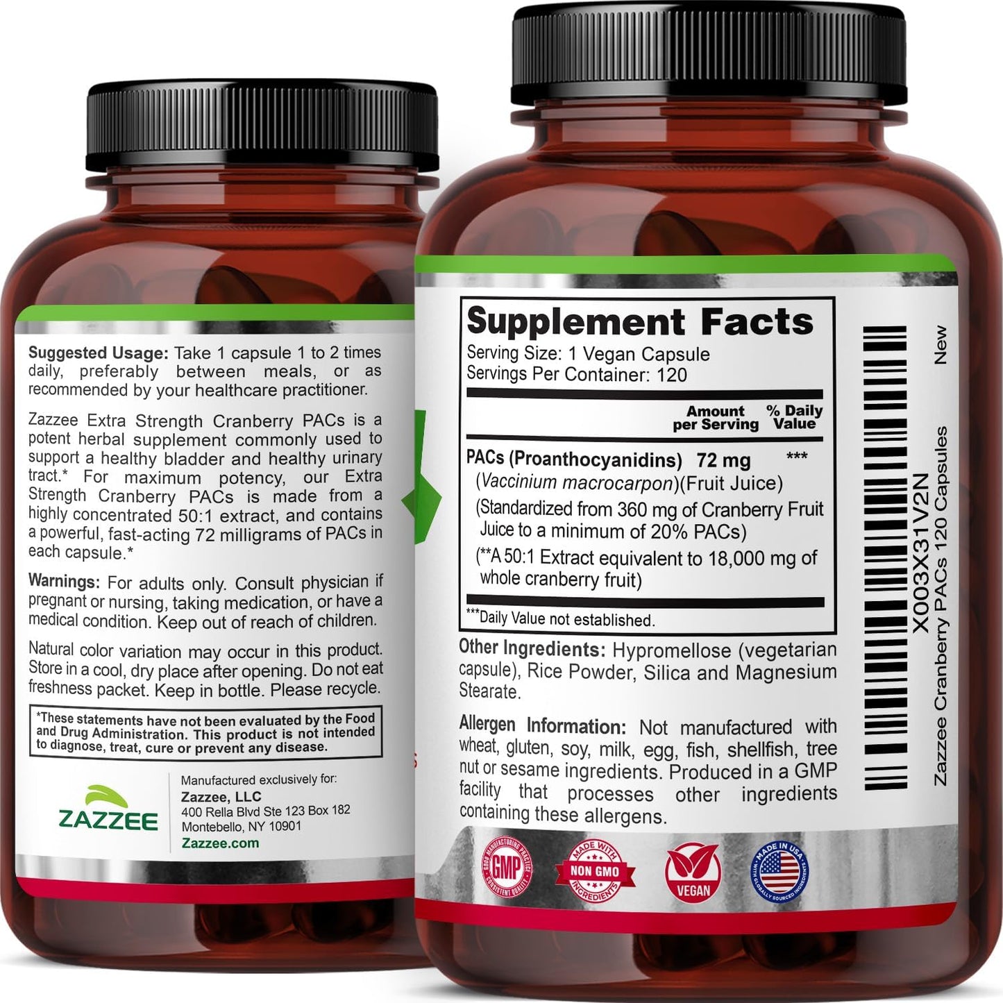Zazzee Cranberry PACs 72 mg per Capsule, 50:1 Extract, 120 Vegan Capsules, 2X Strength, 4 Month Supply, Fast-Acting, Effective Urinary Tract & Bladder Support, 100% Soluble PACs, Made in the USA - PrimeBioHealth - canada supplements