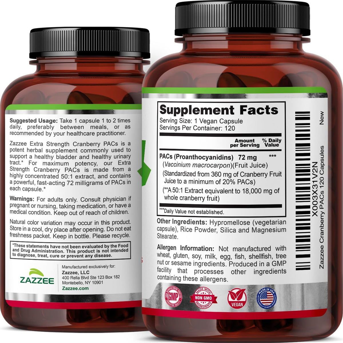Zazzee Cranberry PACs 72 mg per Capsule, 50:1 Extract, 120 Vegan Capsules, 2X Strength, 4 Month Supply, Fast-Acting, Effective Urinary Tract & Bladder Support, 100% Soluble PACs, Made in the USA - PrimeBioHealth - canada supplements