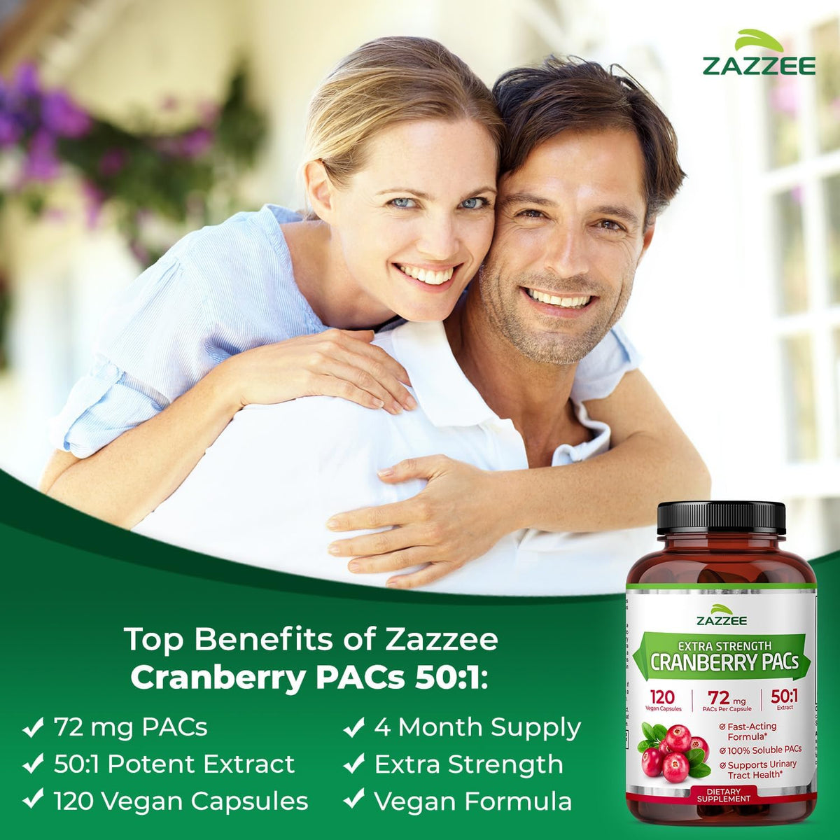 Zazzee Cranberry PACs 72 mg per Capsule, 50:1 Extract, 120 Vegan Capsules, 2X Strength, 4 Month Supply, Fast-Acting, Effective Urinary Tract & Bladder Support, 100% Soluble PACs, Made in the USA - PrimeBioHealth - canada supplements