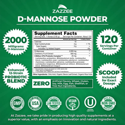 Zazzee D-Mannose Powder Plus, 2000 mg, 67 Servings, Plus 5 Billion CFU Probiotics and Pure Cranberry Juice Extract, Certified Kosher, Free Scoop, 6.67 oz, Urinary Tract Support, Non-GMO, All-Natural - PrimeBioHealth - canada supplements