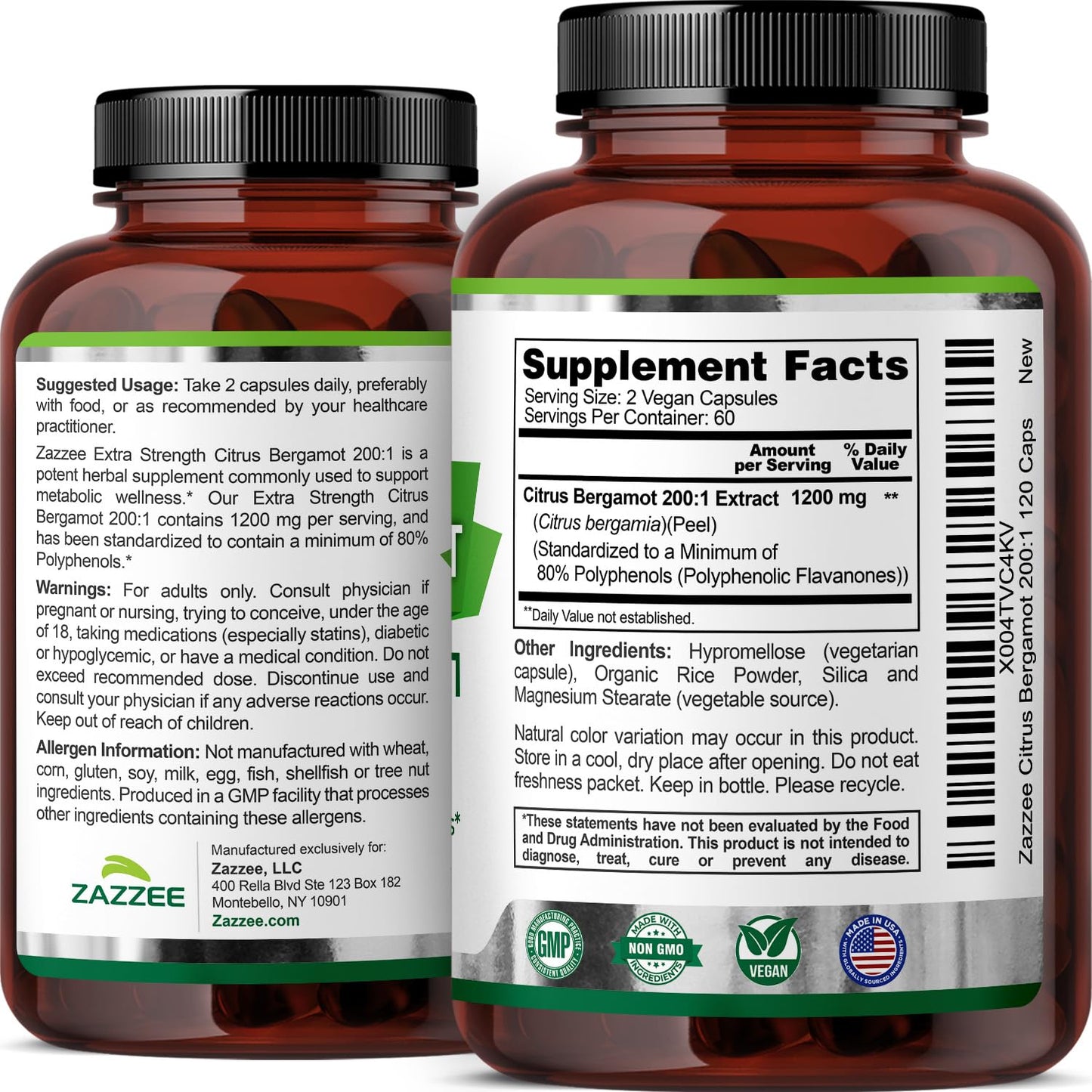Zazzee Extra Strength Citrus Bergamot 200:1 Extract 1200 mg, 80% Polyphenols, 120 Vegan Capsules, Standardized 200X Potency - PrimeBioHealth - canada supplements
