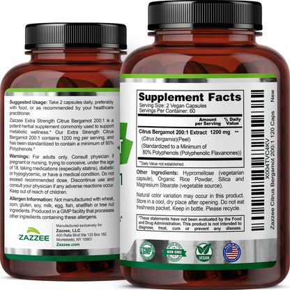 Zazzee Extra Strength Citrus Bergamot 200:1 Extract 1200 mg, 80% Polyphenols, 120 Vegan Capsules, Standardized 200X Potency - PrimeBioHealth - canada supplements