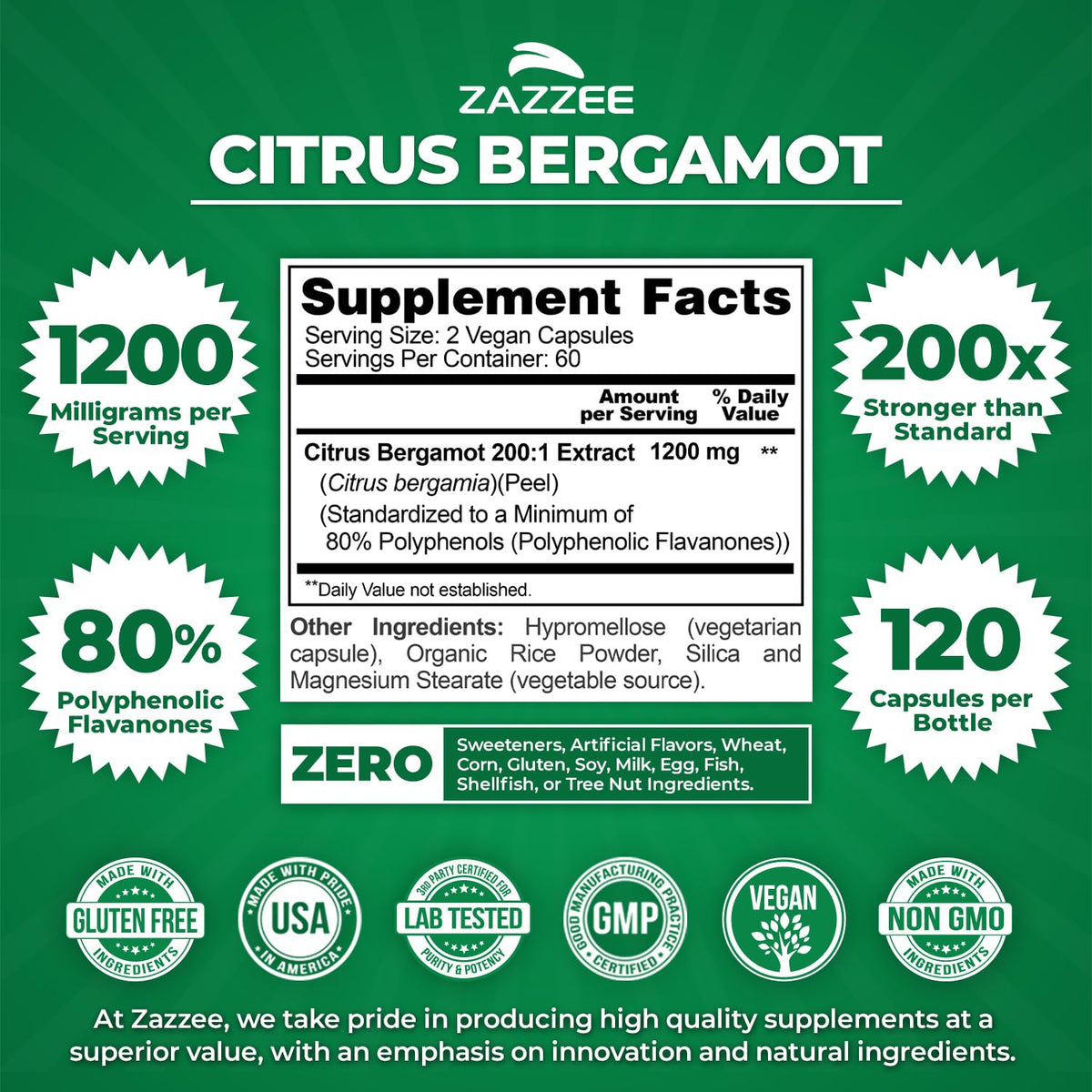 Zazzee Extra Strength Citrus Bergamot 200:1 Extract 1200 mg, 80% Polyphenols, 120 Vegan Capsules, Standardized 200X Potency - PrimeBioHealth - canada supplements