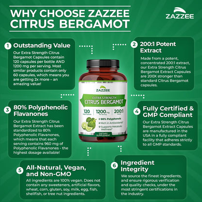 Zazzee Extra Strength Citrus Bergamot 200:1 Extract 1200 mg, 80% Polyphenols, 120 Vegan Capsules, Standardized 200X Potency - PrimeBioHealth - canada supplements