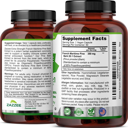 Zazzee Extra Strength French Maritime Pine Bark Extract 20:1, 350 mg Per Capsule, 95% Proanthocyanidins, 180 Vegan Capsules, 6 Month Supply, Certified Kosher, Antioxidant Support, Non-GMO, Made in USA - PrimeBioHealth - canada supplements