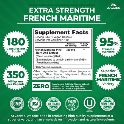 Zazzee Extra Strength French Maritime Pine Bark Extract 20:1, 350 mg Per Capsule, 95% Proanthocyanidins, 180 Vegan Capsules, 6 Month Supply, Certified Kosher, Antioxidant Support, Non-GMO, Made in USA - PrimeBioHealth - canada supplements