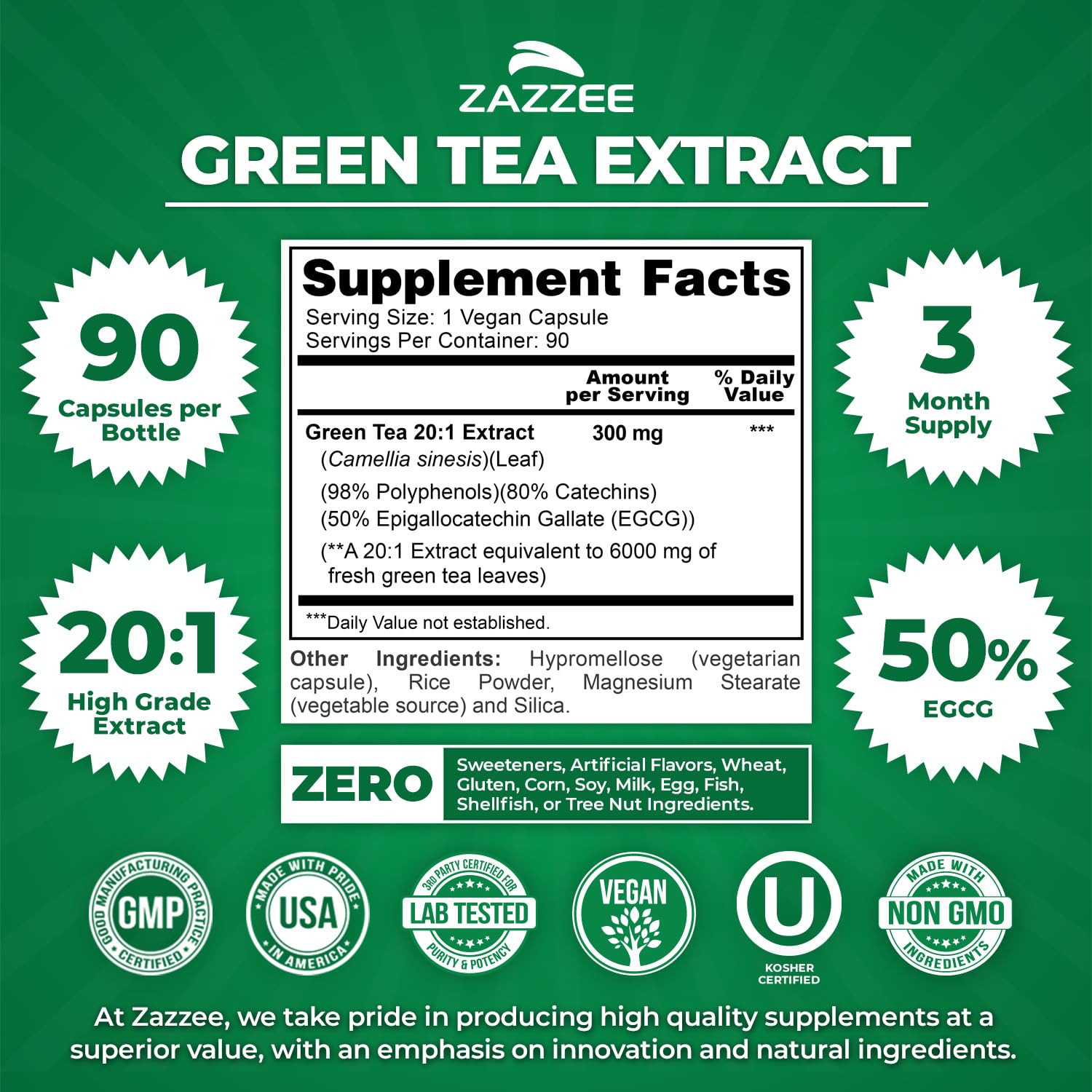 Zazzee Extra Strength Green Tea 20:1 Extract, 50% EGCG, 98% Polyphenols, 80% Catechins, 150 Vegan Capsules, 5 Month Supply, Certified Kosher, Antioxidant & Metabolism Support, Non-GMO, Made in the USA - PrimeBioHealth - canada supplements