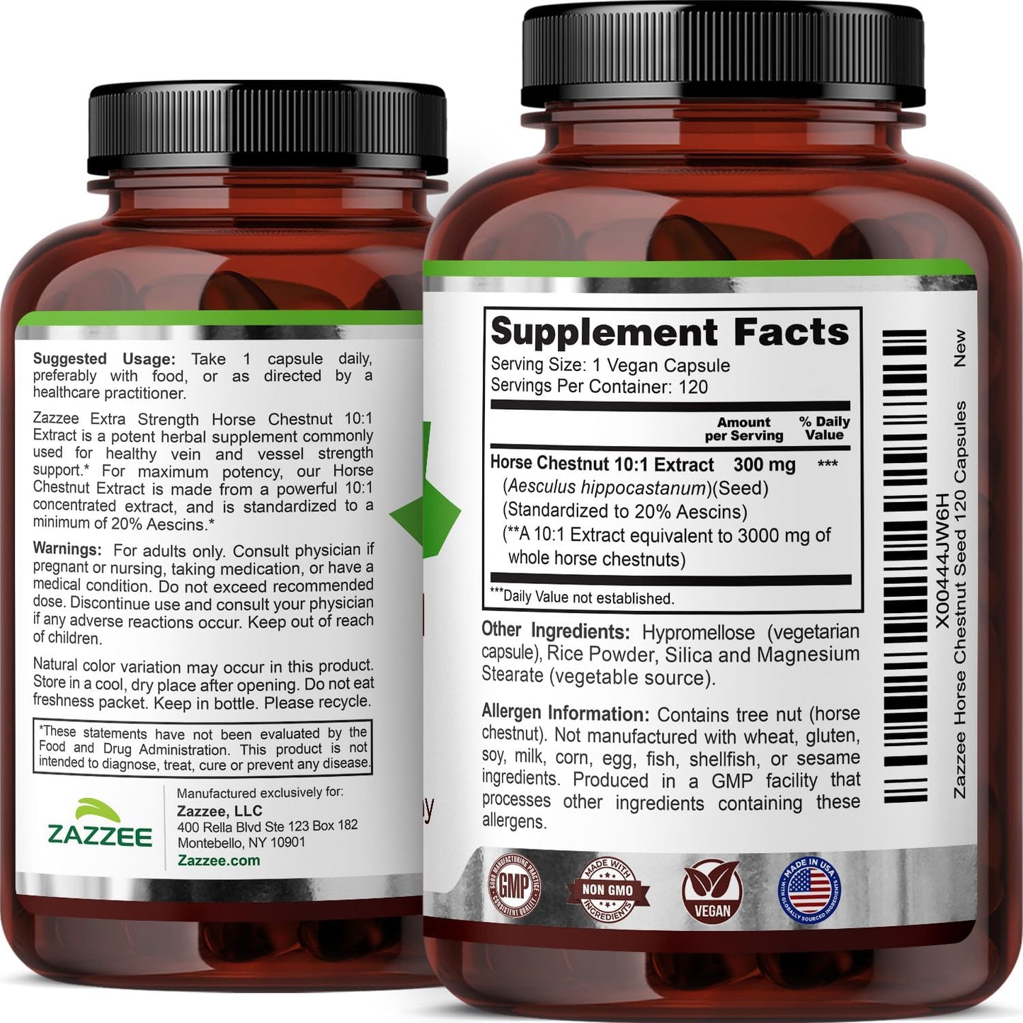 Zazzee Extra Strength Horse Chestnut 10:1 Extract, 20% Aescins, 120 Vegan Capsules, 4 Month Supply, Aesculus Hippocastanum, Healthy Circulation & Blood Flow Support, Non-GMO, Made in the USA - PrimeBioHealth - canada supplements