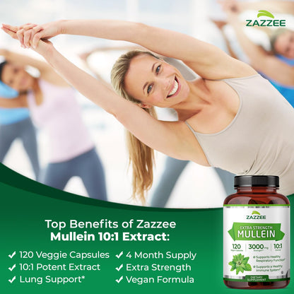 Zazzee Extra Strength Mullein Leaf 10:1 Extract, 120 Vegan Capsules, 4 Month Supply, Verbascum Thapsus, Respiratory & Lung Support, Certified Kosher, 100% Pure Leaf Powder, Non-GMO, Made in the USA - PrimeBioHealth - canada supplements