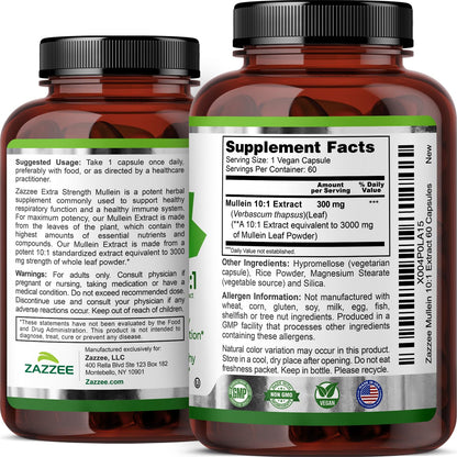 Zazzee Extra Strength Mullein Leaf 10:1 Extract, 120 Vegan Capsules, 4 Month Supply, Verbascum Thapsus, Respiratory & Lung Support, Certified Kosher, 100% Pure Leaf Powder, Non-GMO, Made in the USA - PrimeBioHealth - canada supplements