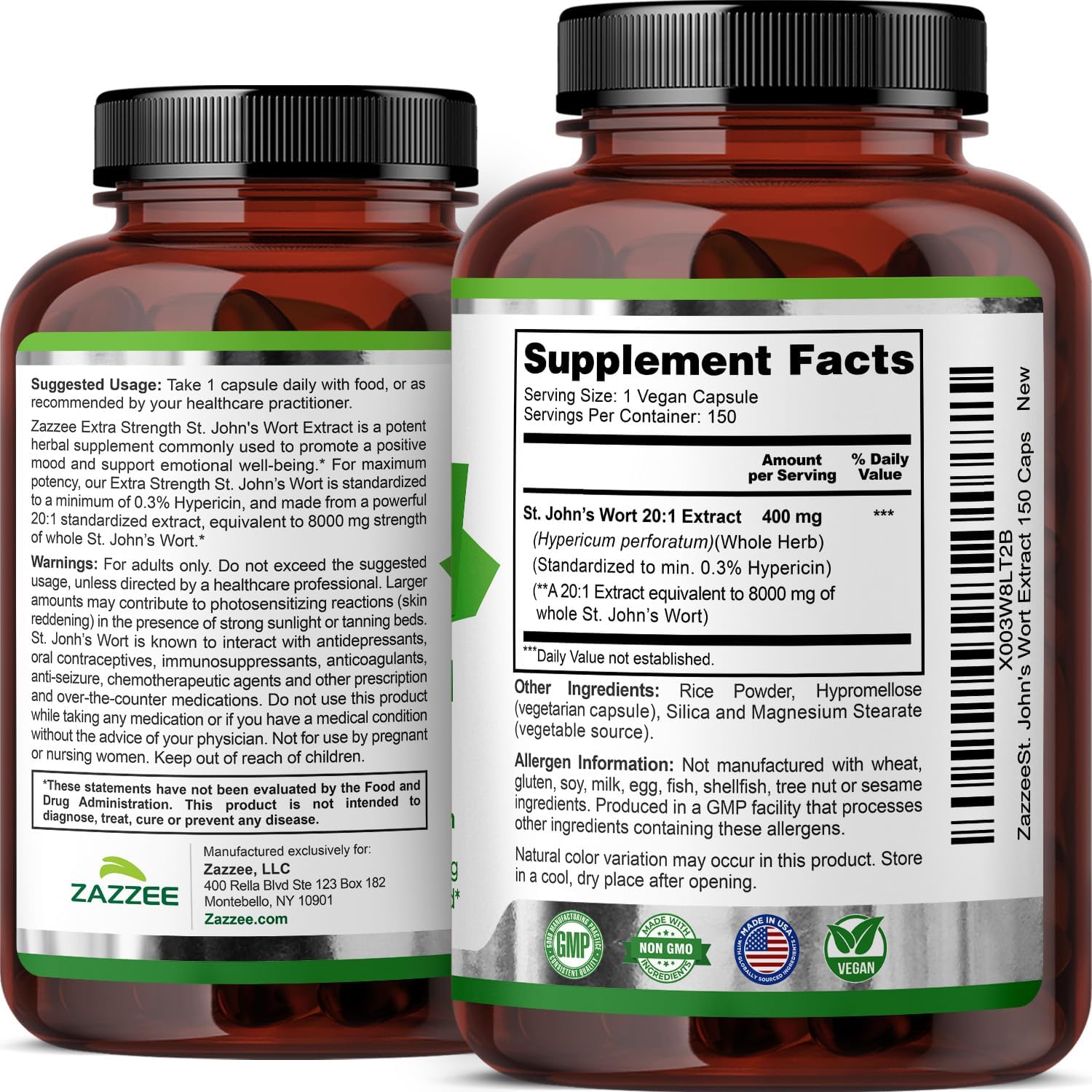 Zazzee Extra Strength St. John’s Wort 20:1 Extract, 0.3% Hypericin, 150 Vegan Capsules, 5 Month Supply, Hypericum Perforatum, Mood & Emotional Wellness Support, Herbal Supplement, Non-GMO, Made in USA - PrimeBioHealth - canada supplements