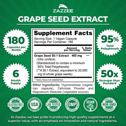 Zazzee High Strength Grape Seed 50:1 Extract, 180 Vegan Capsules, 95% Polyphenols, 400 mg per Capsule, 6 Month Supply, Antioxidant, Circulation & Blood Flow Support, Non-GMO, Made in the USA - PrimeBioHealth - canada supplements