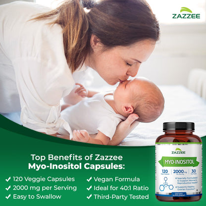 Zazzee Myo-Inositol Capsules, 2000 mg per Serving, 120 Vegan Capsules, Ideal Dosage for 40:1 Ratio, Certified Kosher, Hormone Balance & Healthy Ovarian - PrimeBioHealth - canada supplements
