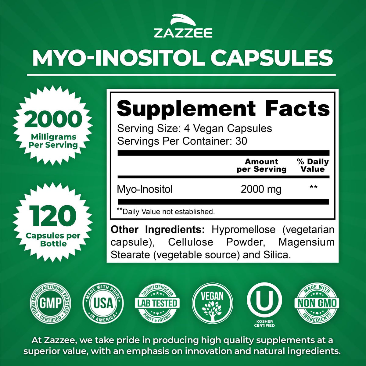 Zazzee Myo-Inositol Capsules, 2000 mg per Serving, 120 Vegan Capsules, Ideal Dosage for 40:1 Ratio, Certified Kosher, Hormone Balance & Healthy Ovarian - PrimeBioHealth - canada supplements