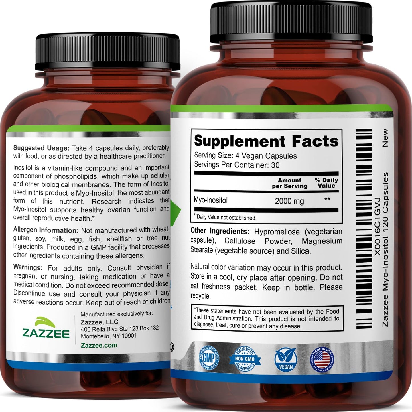 Zazzee Myo-Inositol Capsules, 2000 mg per Serving, 120 Vegan Capsules, Ideal Dosage for 40:1 Ratio, Certified Kosher, Hormone Balance & Healthy Ovarian - PrimeBioHealth - canada supplements