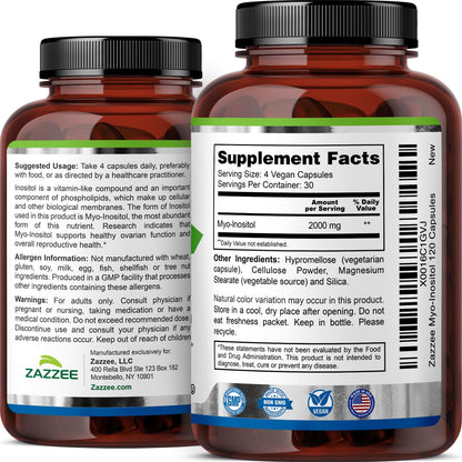 Zazzee Myo-Inositol Capsules, 2000 mg per Serving, 120 Vegan Capsules, Ideal Dosage for 40:1 Ratio, Certified Kosher, Hormone Balance & Healthy Ovarian - PrimeBioHealth - canada supplements