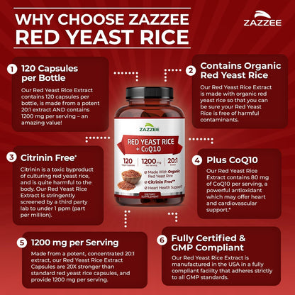 Zazzee Organic Red Yeast Rice 20:1 Extract with CoQ10, Citrinin-Free, 1200 mg per Serving, 80 mg CoQ10, 120 Vegan Capsules, Healthy Heart & Cardiovascular Support, Non-GMO, Made in the USA - PrimeBioHealth - canada supplements