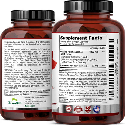 Zazzee Organic Red Yeast Rice 20:1 Extract with CoQ10, Citrinin-Free, 1200 mg per Serving, 80 mg CoQ10, 120 Vegan Capsules, Healthy Heart & Cardiovascular Support, Non-GMO, Made in the USA - PrimeBioHealth - canada supplements