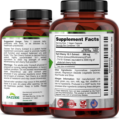 Zazzee Tart Cherry 10:1 Extract, 200 Vegan Capsules, 6+ Month Supply, Montmorency Cherry, Certified Kosher, Joint & Uric Acid Support, Antioxidant Support Formula, Non-GMO, Made in the USA - PrimeBioHealth - canada supplements