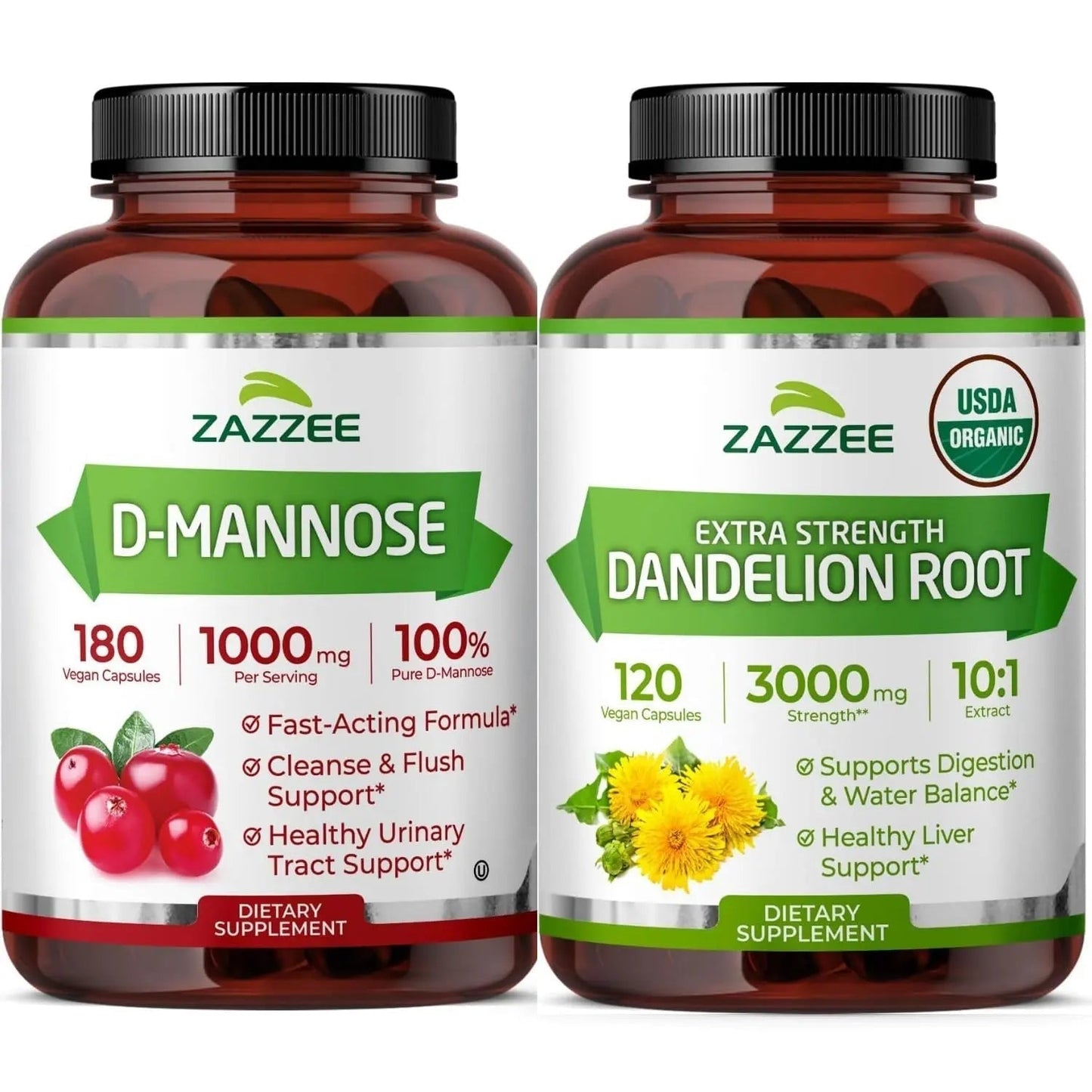 Zazzee Urinary Tract Cleanse & Detox Bundle | USDA Organic Dandelion Root Extract Capsules Plus D-Mannose 1000mg Capsules for UT & Bladder Cleansing - PrimeBioHealth - canada supplements