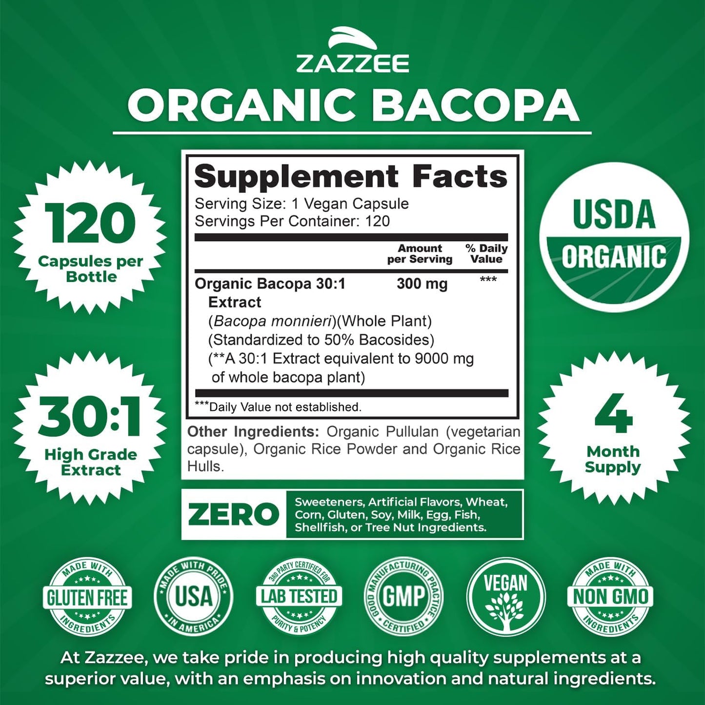 Zazzee USDA Organic Bacopa 30:1 Extract, 50% Bacosides, 120 Vegan Capsules, 4 Month Supply, Bacopa Monnieri, Cognitive, Brain & Memory Support, Non-GMO, Organic Herbal Supplement, Made in the USA - PrimeBioHealth - canada supplements