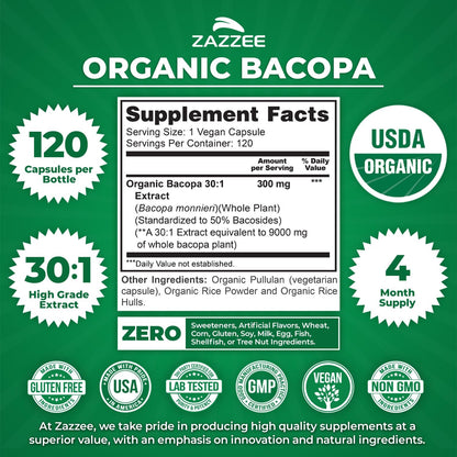 Zazzee USDA Organic Bacopa 30:1 Extract, 50% Bacosides, 120 Vegan Capsules, 4 Month Supply, Bacopa Monnieri, Cognitive, Brain & Memory Support, Non-GMO, Organic Herbal Supplement, Made in the USA - PrimeBioHealth - canada supplements