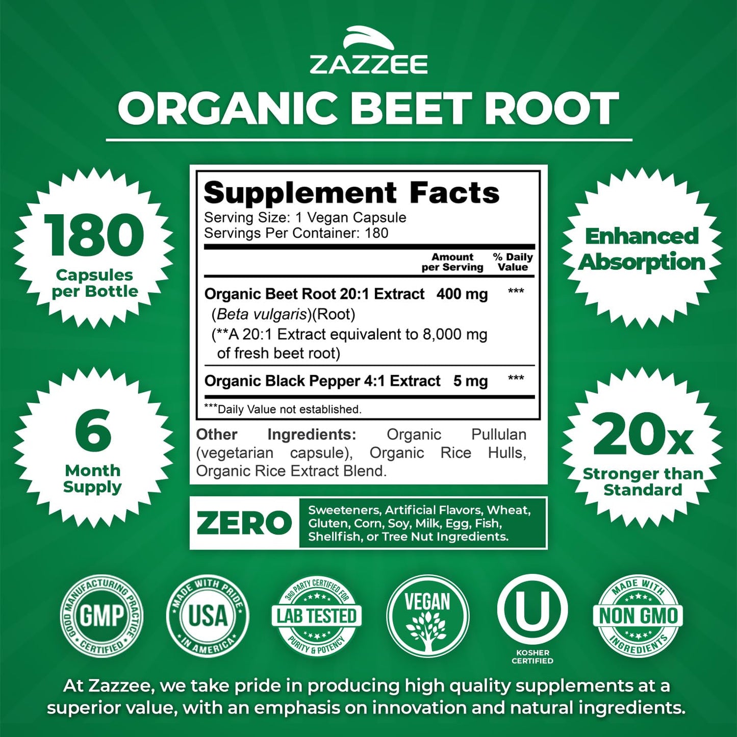 Zazzee USDA Organic Beet Root 20:1 Extract, 120 Vegan Quick Release Capsules, 4 Month Supply, Nitric Oxide Support, Black Pepper Extract for Enhanced Absorption, Certified Kosher, Non-GMO, Made in USA - PrimeBioHealth - canada supplements