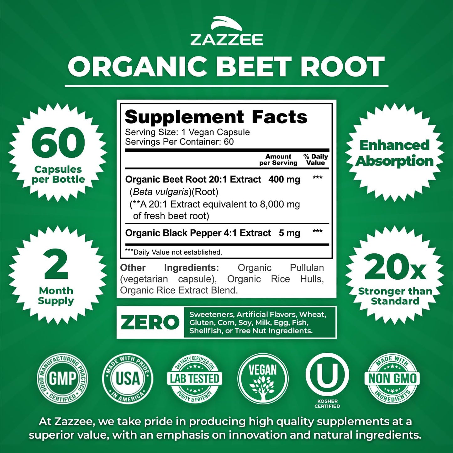 Zazzee USDA Organic Beet Root 20:1 Extract, 120 Vegan Quick Release Capsules, 4 Month Supply, Nitric Oxide Support, Black Pepper Extract for Enhanced Absorption, Certified Kosher, Non-GMO, Made in USA - PrimeBioHealth - canada supplements
