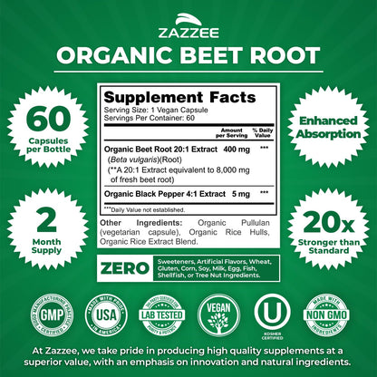 Zazzee USDA Organic Beet Root 20:1 Extract, 120 Vegan Quick Release Capsules, 4 Month Supply, Nitric Oxide Support, Black Pepper Extract for Enhanced Absorption, Certified Kosher, Non-GMO, Made in USA - PrimeBioHealth - canada supplements