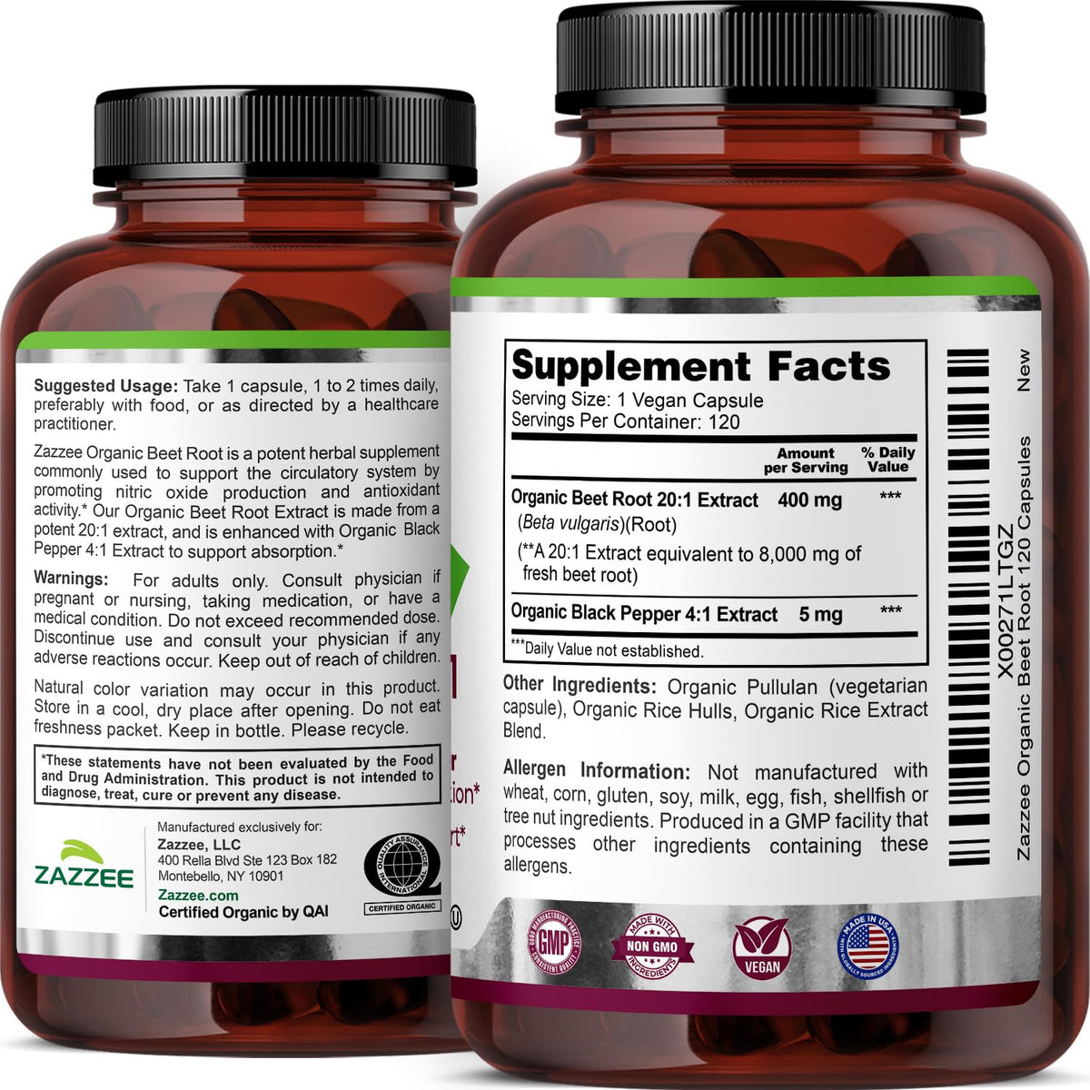 Zazzee USDA Organic Beet Root 20:1 Extract, 120 Vegan Quick Release Capsules, 4 Month Supply, Nitric Oxide Support, Black Pepper Extract for Enhanced Absorption, Certified Kosher, Non-GMO, Made in USA - PrimeBioHealth - canada supplements