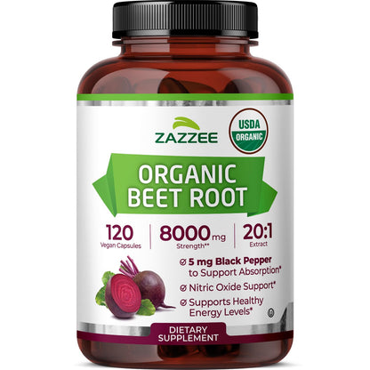 Zazzee USDA Organic Beet Root 20:1 Extract, 120 Vegan Quick Release Capsules, 4 Month Supply, Nitric Oxide Support, Black Pepper Extract for Enhanced Absorption, Certified Kosher, Non-GMO, Made in USA - PrimeBioHealth - canada supplements