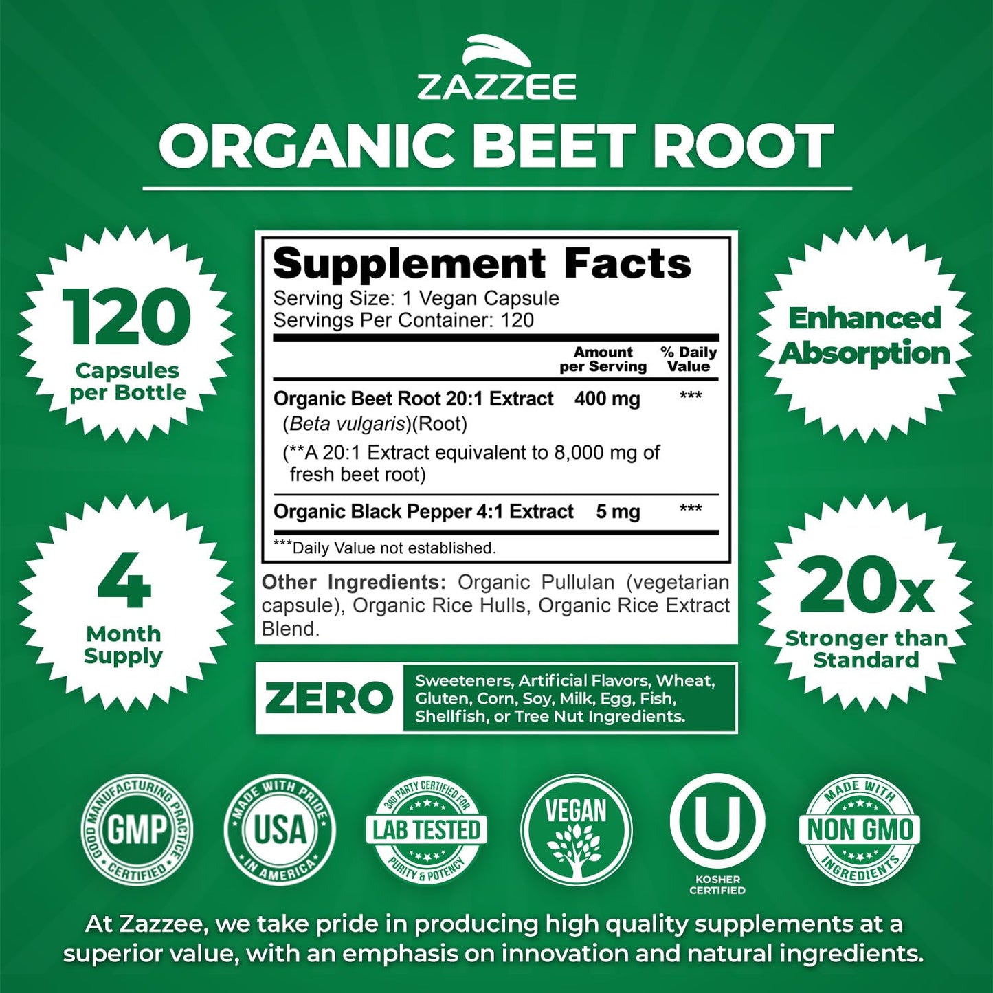 Zazzee USDA Organic Beet Root 20:1 Extract, 120 Vegan Quick Release Capsules, 4 Month Supply, Nitric Oxide Support, Black Pepper Extract for Enhanced Absorption, Certified Kosher, Non-GMO, Made in USA - PrimeBioHealth - canada supplements