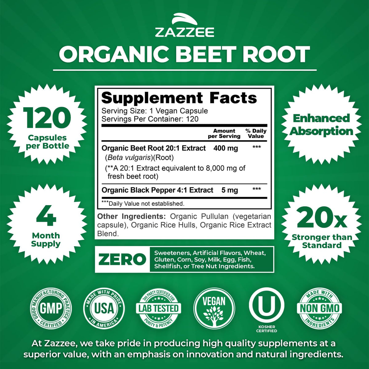 Zazzee USDA Organic Beet Root 20:1 Extract, 120 Vegan Quick Release Capsules, 4 Month Supply, Nitric Oxide Support, Black Pepper Extract for Enhanced Absorption, Certified Kosher, Non-GMO, Made in USA - PrimeBioHealth - canada supplements
