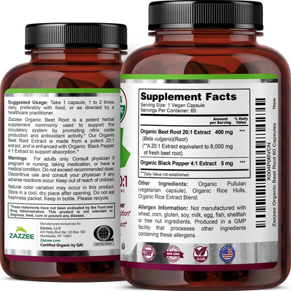 Zazzee USDA Organic Beet Root 20:1 Extract, 120 Vegan Quick Release Capsules, 4 Month Supply, Nitric Oxide Support, Black Pepper Extract for Enhanced Absorption, Certified Kosher, Non-GMO, Made in USA - PrimeBioHealth - canada supplements