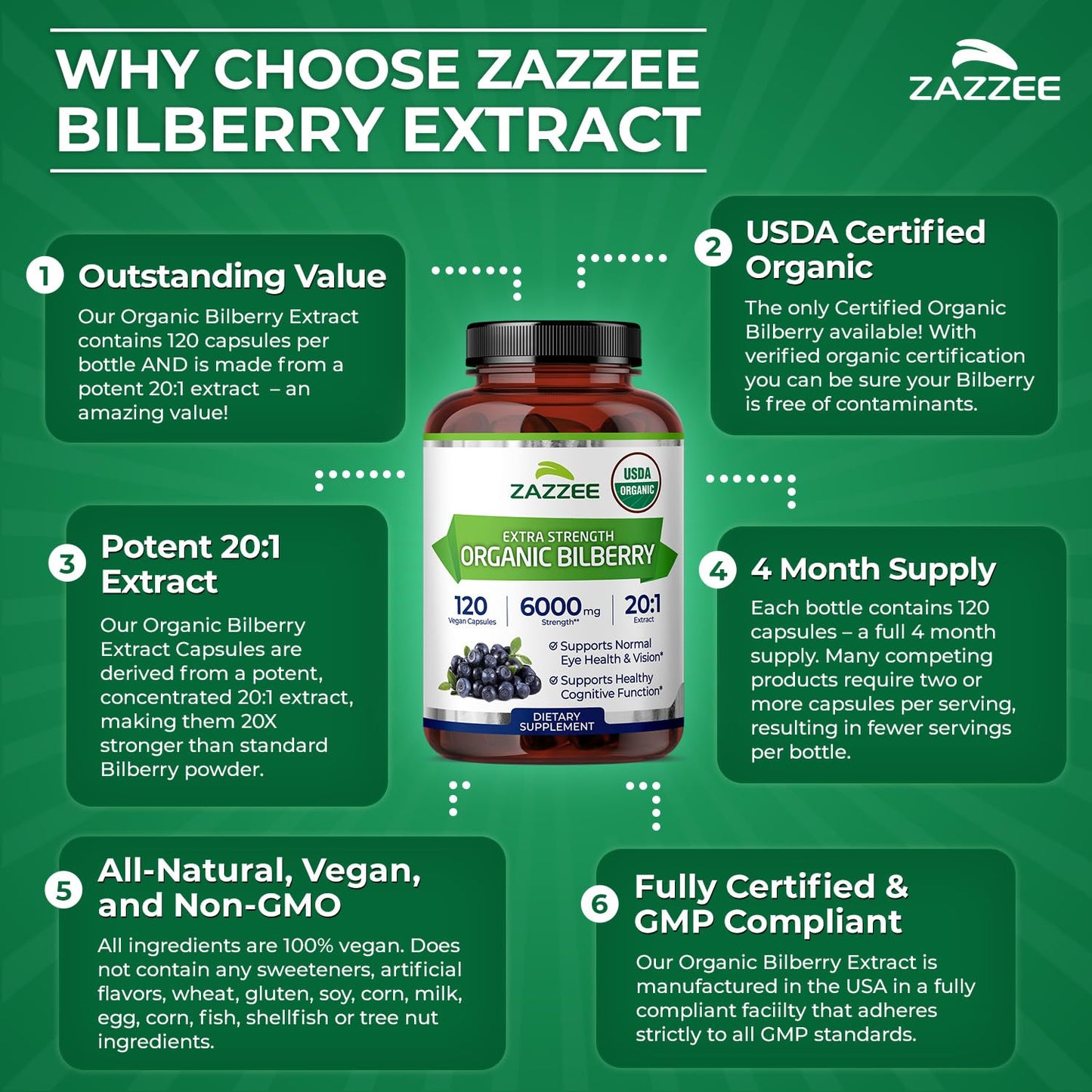 Zazzee USDA Organic Bilberry 20:1 Extract, 120 Vegan Capsules, 4 Month Supply, Vaccinium Myrtillus, Eye Health, Vision & Antioxidant Support, All-Natural, Non-GMO, Made in the USA - PrimeBioHealth - canada supplements